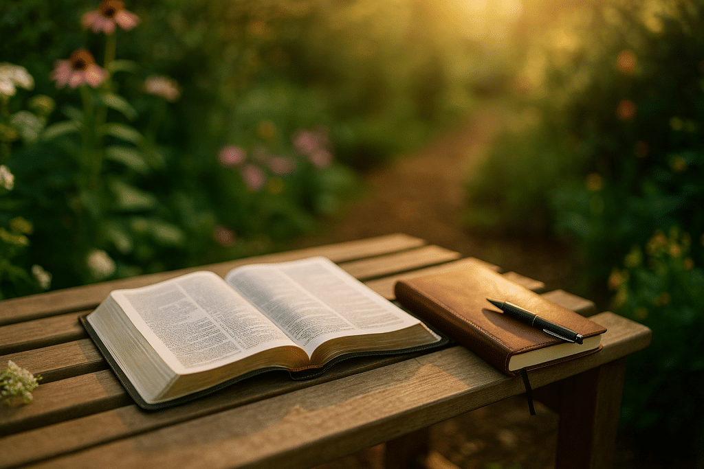Open Bible and journal on a bench symbolising anxiety relief