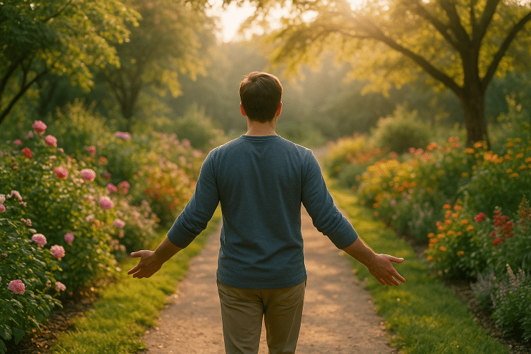 Believer walking a garden path while releasing anxiety to God