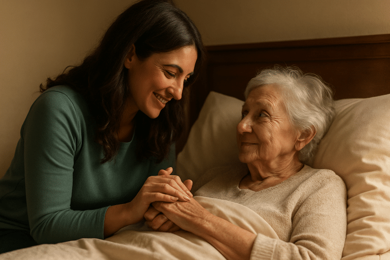 Warm cinematic moment: a young caregiver comforts an elderly woman, embodying hope amid caregiver burnout