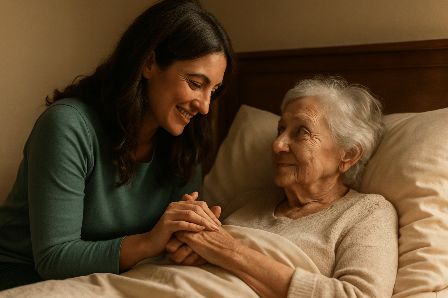 Warm cinematic moment: a young caregiver comforts an elderly woman, embodying hope amid caregiver burnout