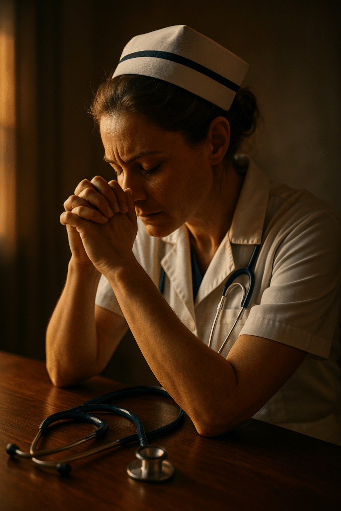 Overwhelmed nurse praying for rest