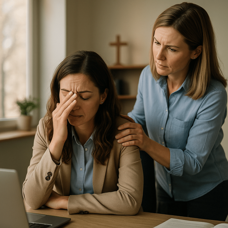 Professional rubbing eyes from burnout symptoms while colleague comforts her