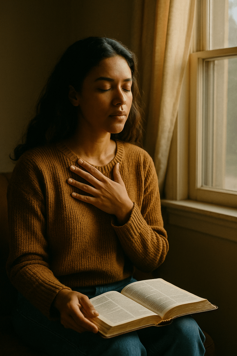 Woman practicing deep breathing while reading Psalm 46:10