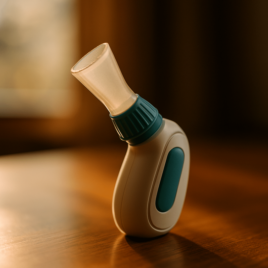 Sample portable inspiratory trainer used for deep breathing exercises for anxiety relief