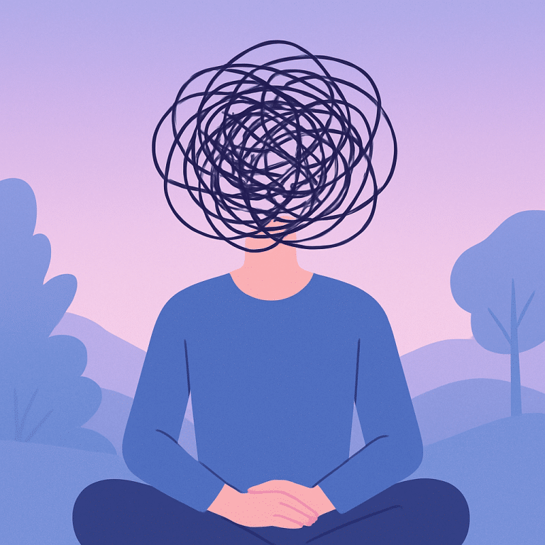 How to stop overthinking illustration showing tangled thoughts