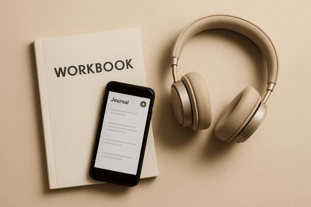 Workbook, journal app and headphones help you stop overthinking