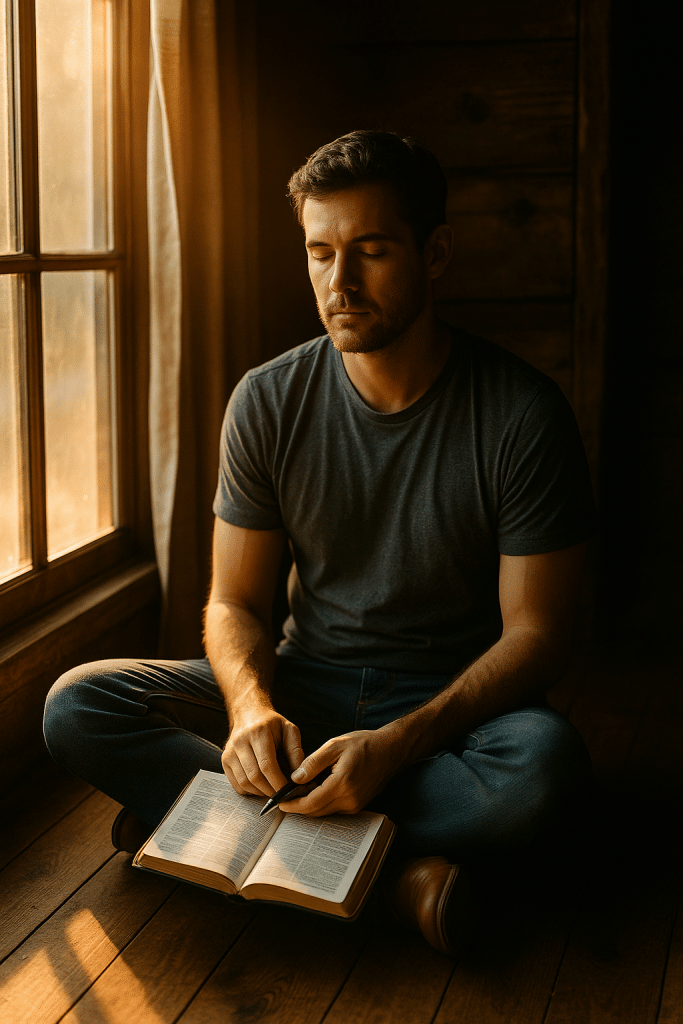 Man sitting with his Bible exercising his ability to relax and stop overthinking.