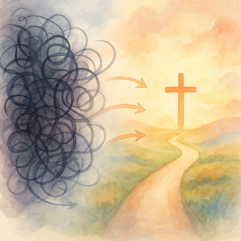 Roadmap graphic shows steps to stop overthinking and find peace