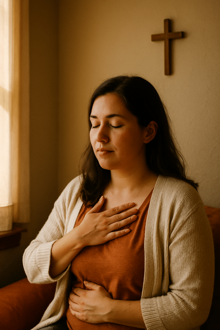 Person practicing grounding techniques for anxiety through Christian breath prayer
