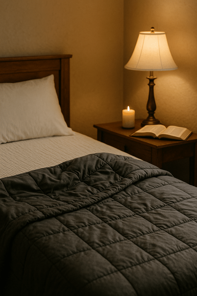 Weighted blanket as a grounding method for anxiety, symbolizing God's comforting presence