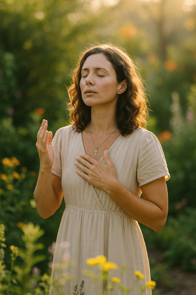 Christian woman practicing natural remedies for anxiety through prayerful breathing in a quiet garden