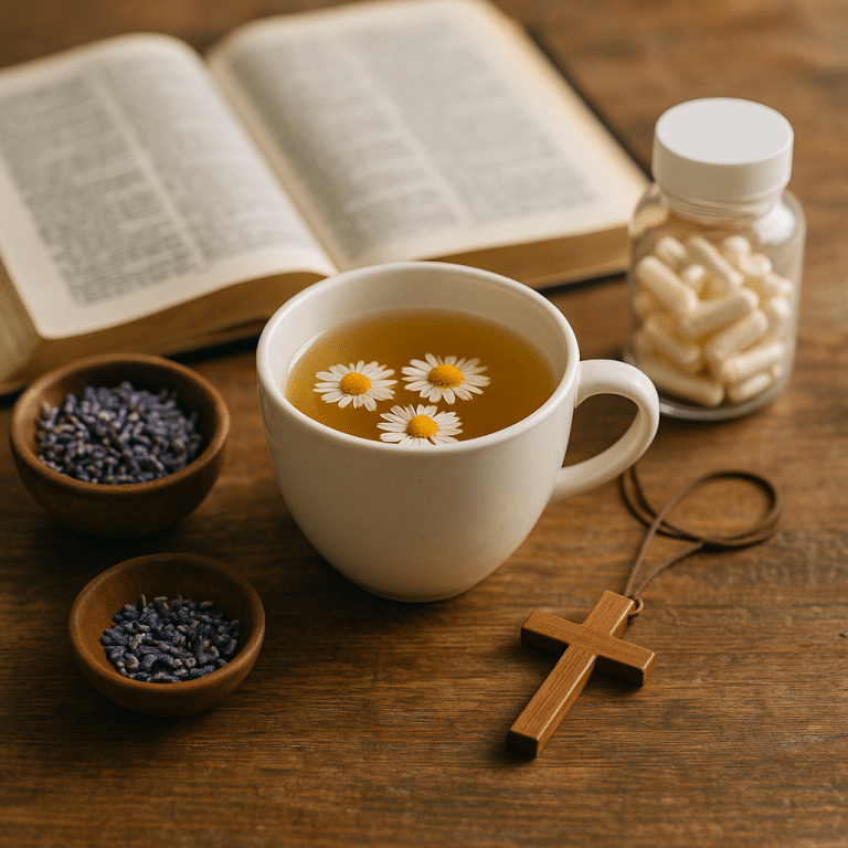 Herbal teas and supplements arranged as natural remedies for anxiety with an open Bible
