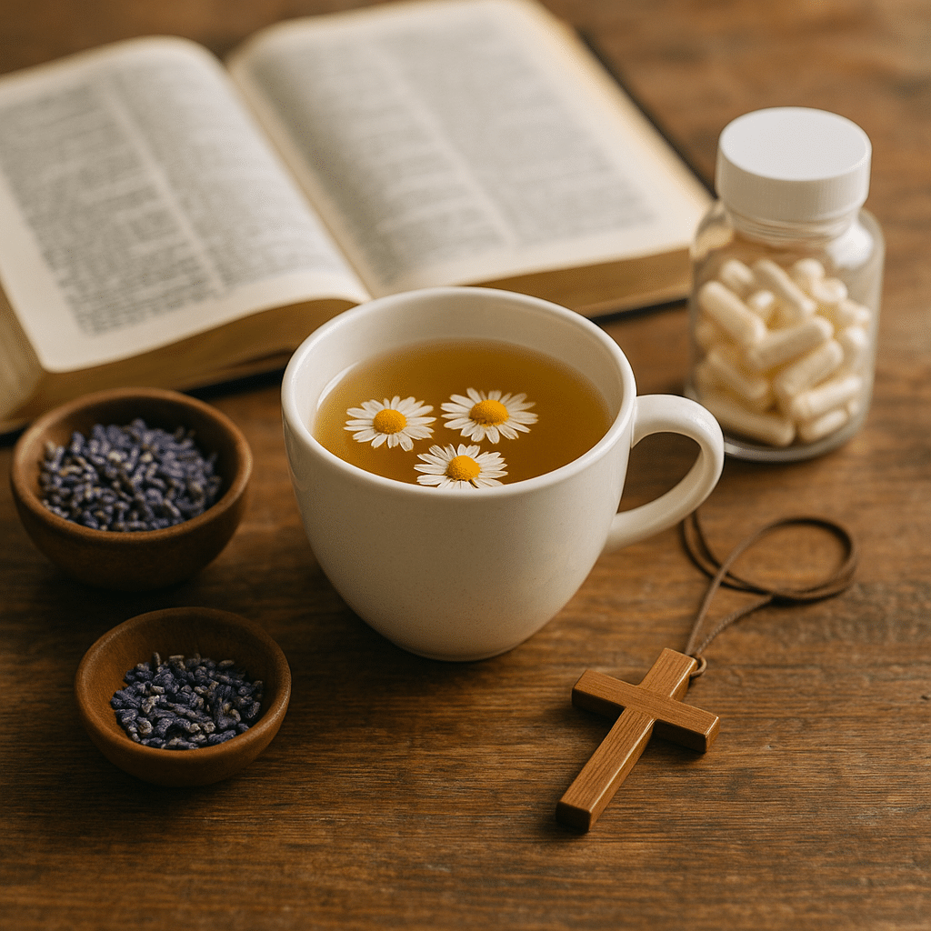 Herbal teas and supplements arranged as natural remedies for anxiety with an open Bible