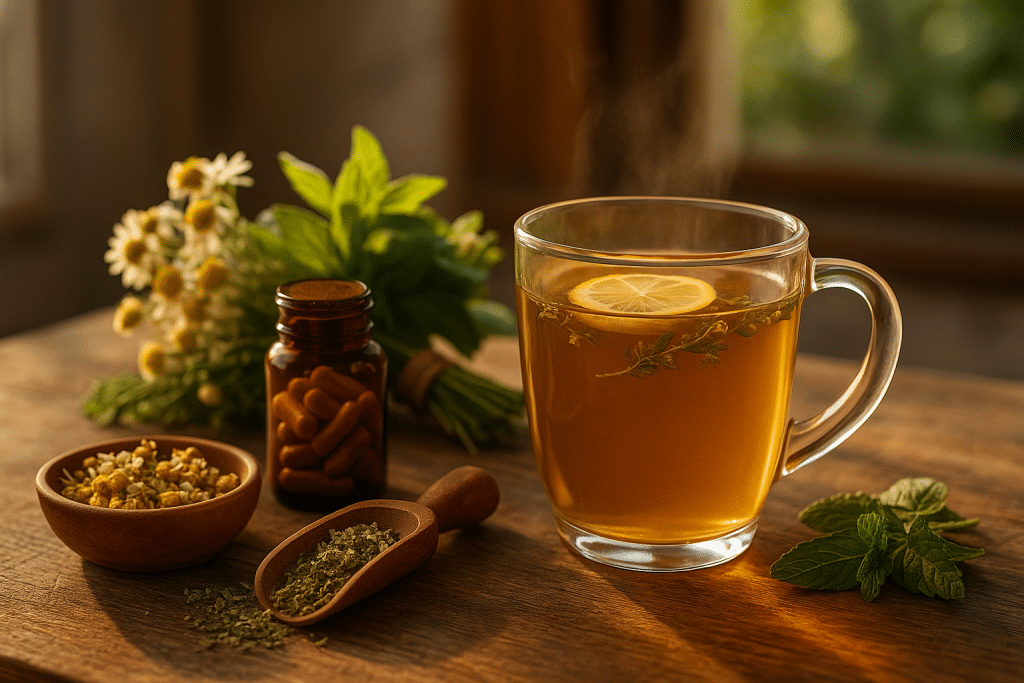 Steaming chamomile & lemon-balm tea on rustic table, sun-dappled herbs reinforcing gentle, holistic relief.