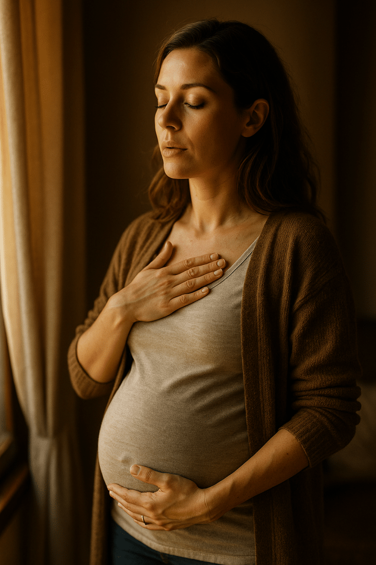 Expectant mother practices natural remedies for anxiety during pregnancy. Breathing calms pregnancy nerves naturally.