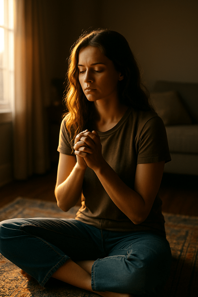 Person practicing prayer for anxiety and overthinking in a peaceful room