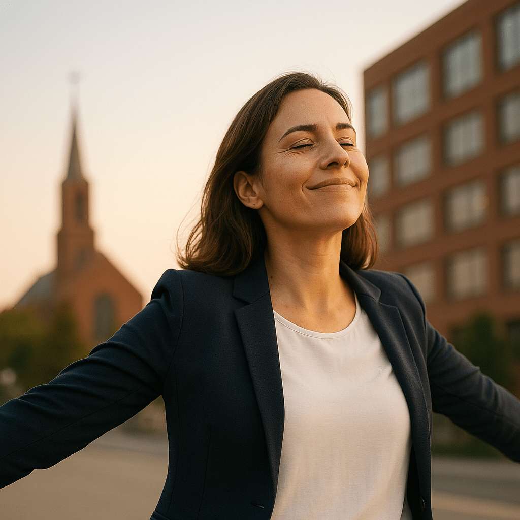 Joyful professional smiling after overcoming burnout symptoms through balanced rhythms