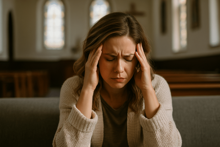 Woman massaging temples in distress from sensory overload.