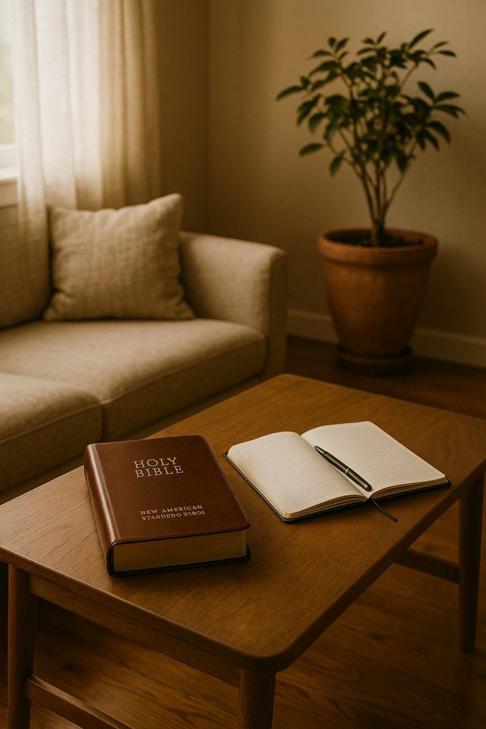 Christian grounding prayer tools—journal, Bible, quiet space.