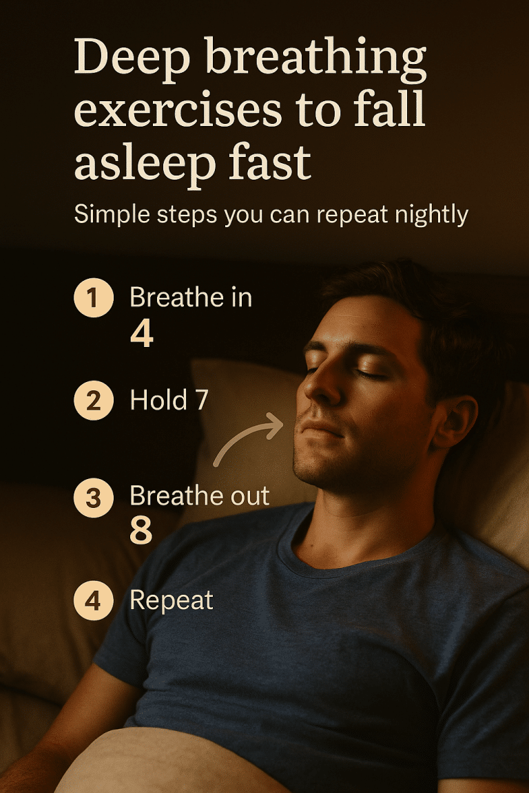 Deep breathing exercises to fall asleep fast — simple steps you can repeat nightly.