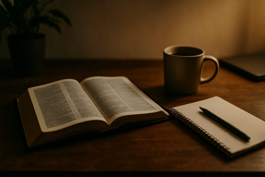 Feeling overwhelmed at work how to cope image: calm desk with bible and notebook