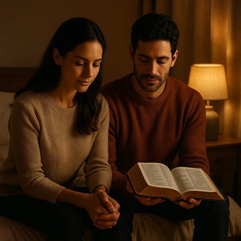 A couple in warm cinematic light reading Scripture together, symbolizing faith-based resilience.