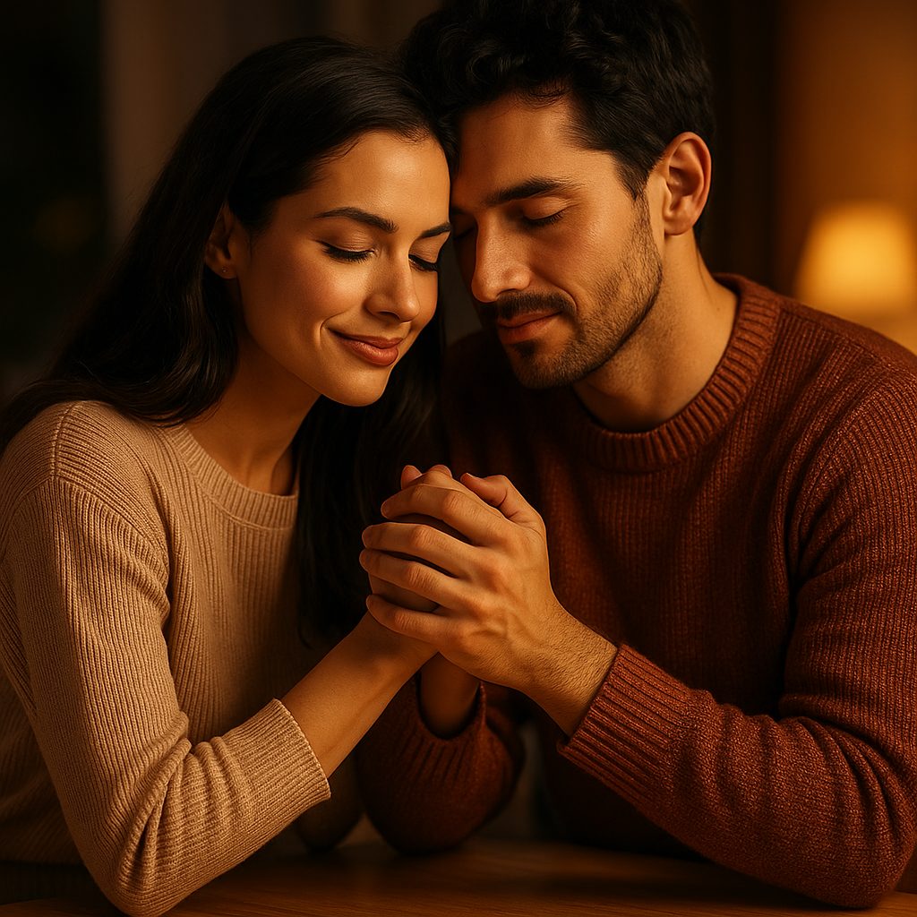 A married couple in prayerful closeness, framed by a wooden cross in the background, representing Christ-centered intimacy.