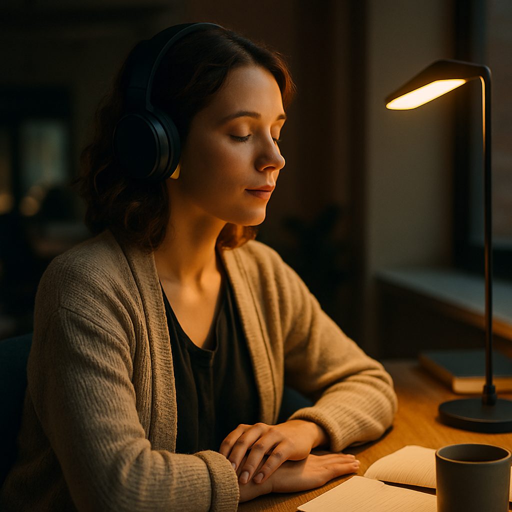 Highly Sensitive Person Thriving At Work: Headphones, Earplugs, And Gentle Lighting Help.