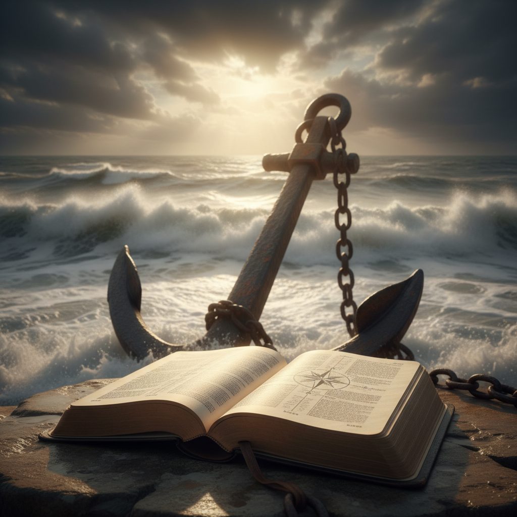 Finding Your Anchor in God’s Sovereignty Through Scripture A strong anchor holding firm in a stormy sea, symbolizing how using scripture in anxiety provides a firm foundation.