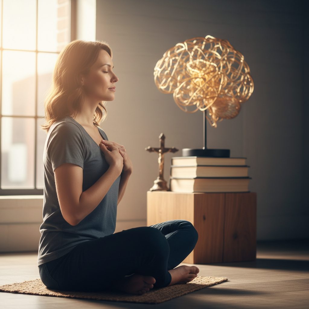 Person exploring the connection between anxiety and prayer, showing how faith can soothe the mind, body, and spirit.