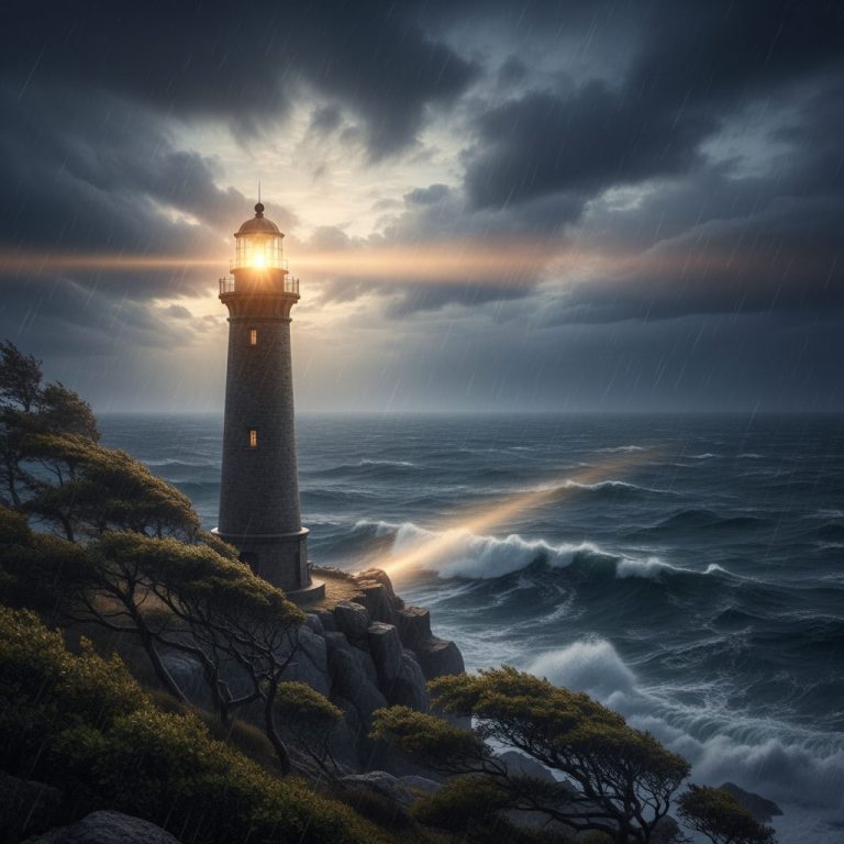 A lighthouse shines its light across a stormy sea, representing how an anxiety verse can be a beacon of hope and a spiritu...
