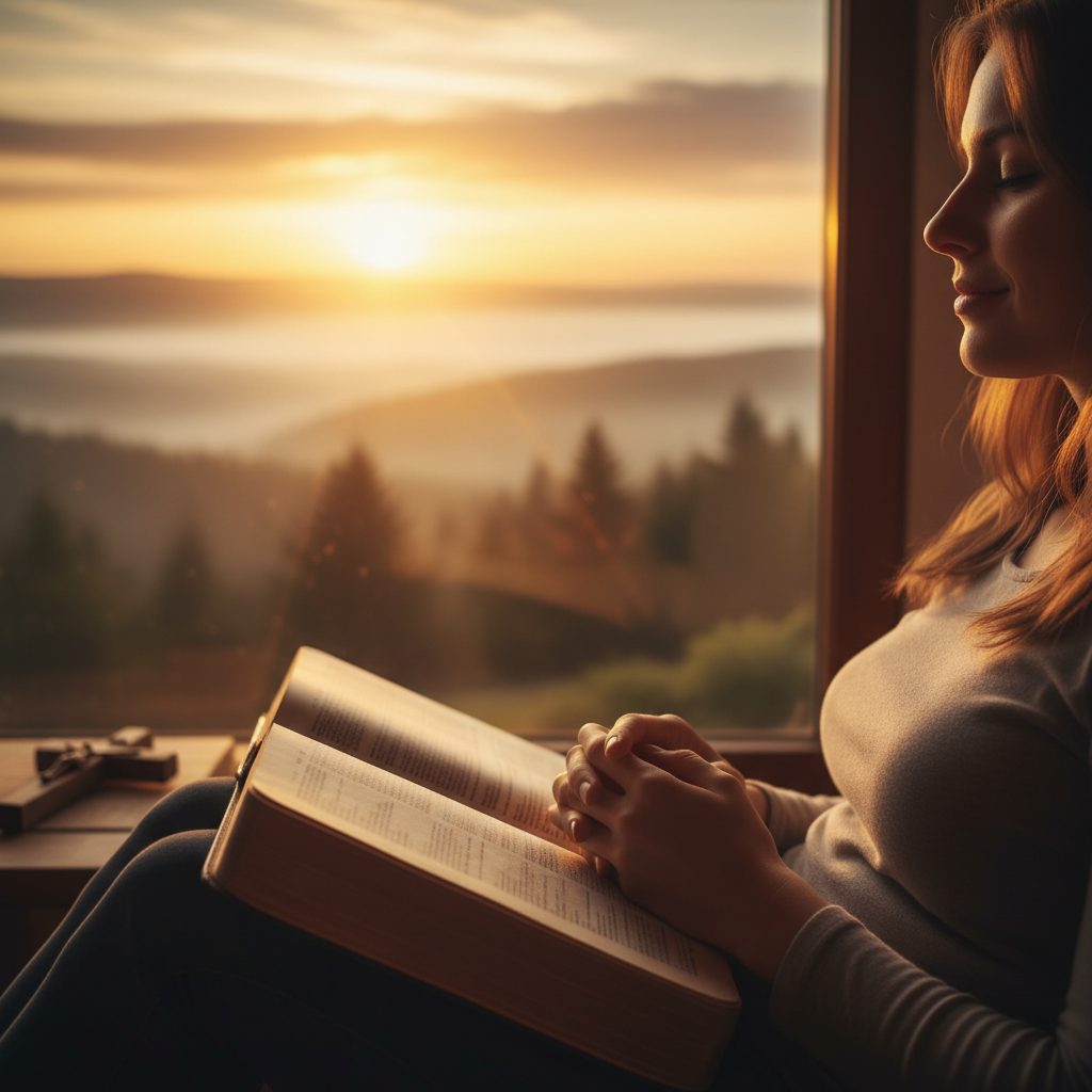 A person reading anxious bible verses finds peace while looking out at a sunrise, symbolizing trust in God.
