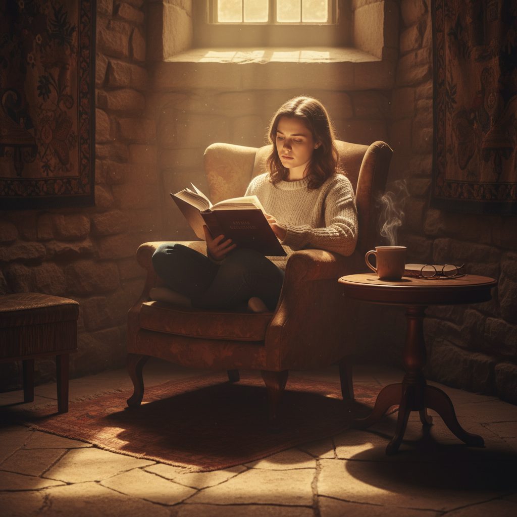 A person feeling overwhelmed finds comfort by reading anxious bible verses in a quiet, reflective space, seeking peace fro...