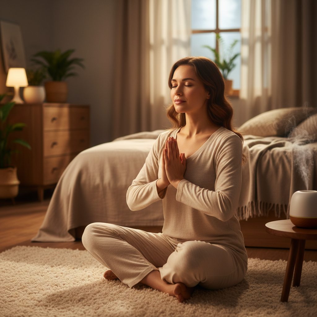 Woman practicing a calming meditation for anxiety before sleep routine by saying a bedtime prayer to quiet her mind.