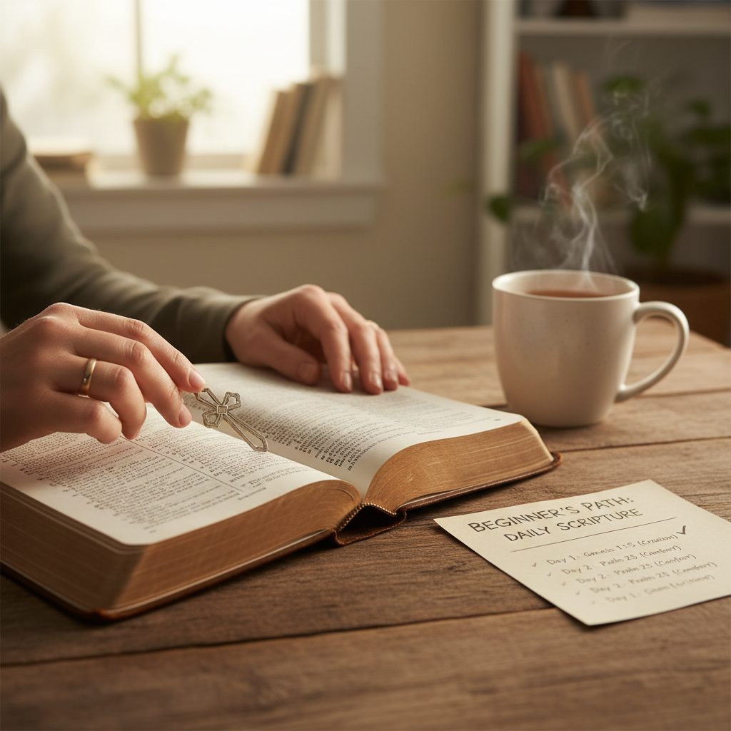 A Simple and Accessible Bible Study Plan for Beginners A person starting their daily bible study with a simple reading plan designed for beginners to make scripture study access...