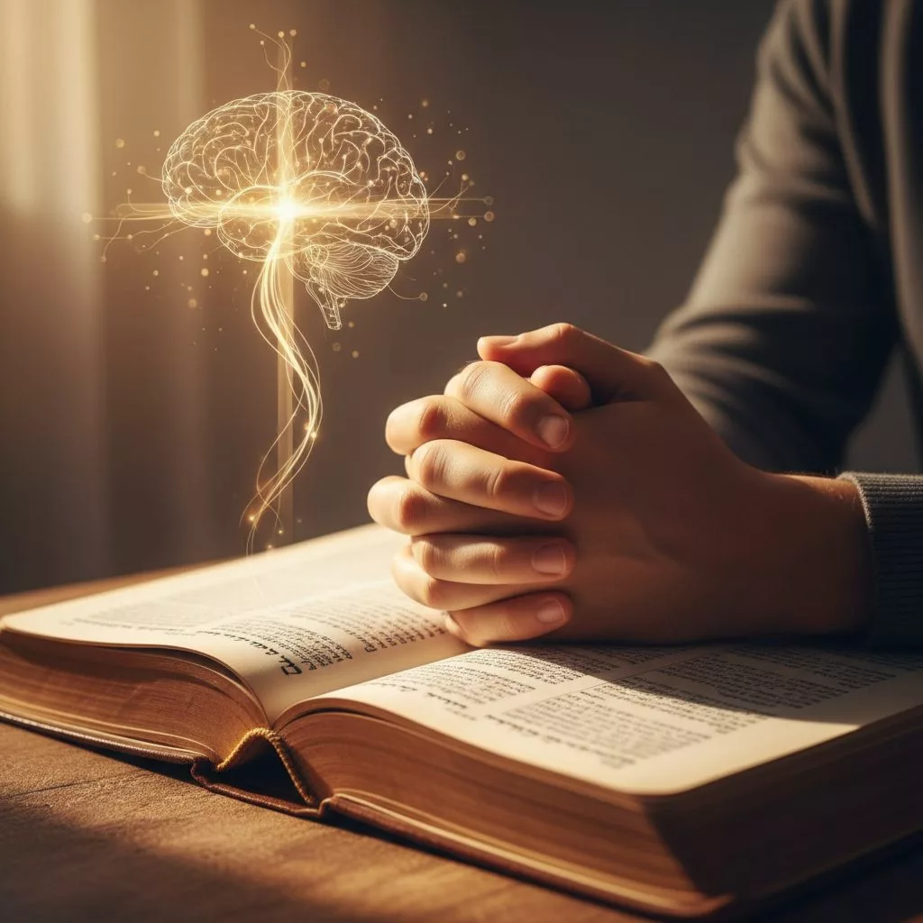 A close-up of a person's hands clasped in prayer over an open book, illustrating the deep connection between bible and pra...