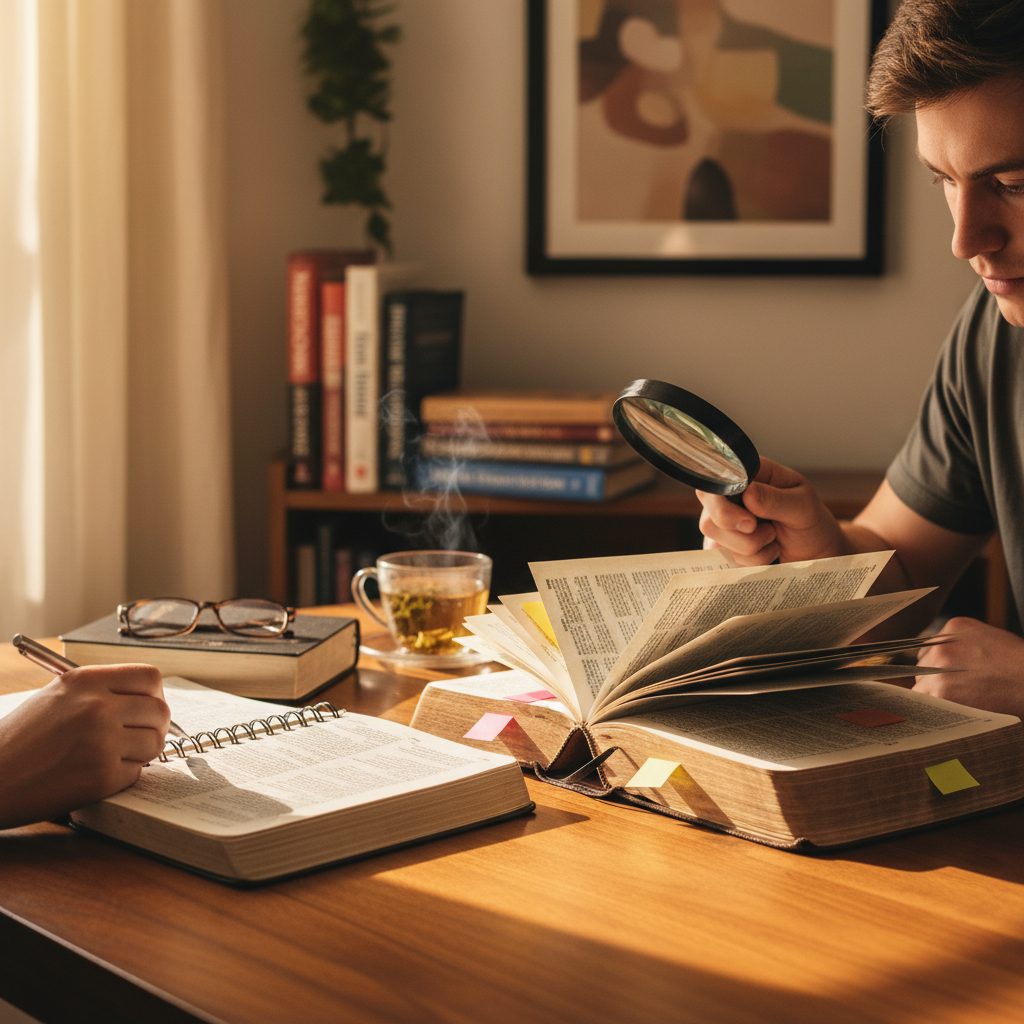 A student comparing different Bible translations with a bible and study guide to understand word-for-word vs. thought-for-...