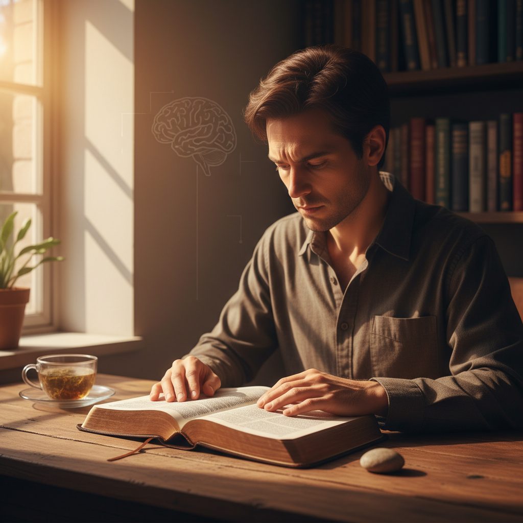 Person studying a bible anxiety scripture, contemplating the connection between faith and the psychology of worry.