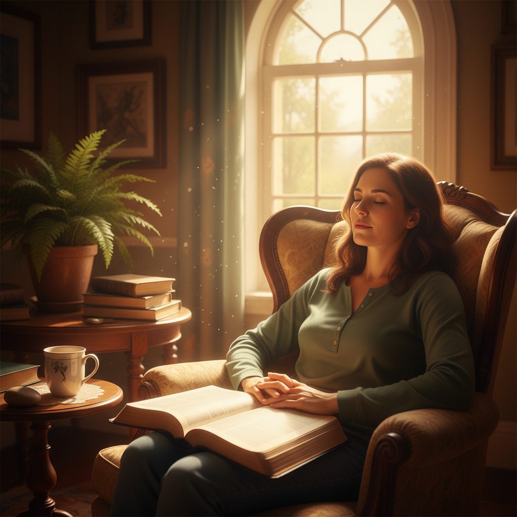 A person finding comfort by reading a core bible anxiety scripture in a quiet, sunlit room, feeling immediate relief from ...