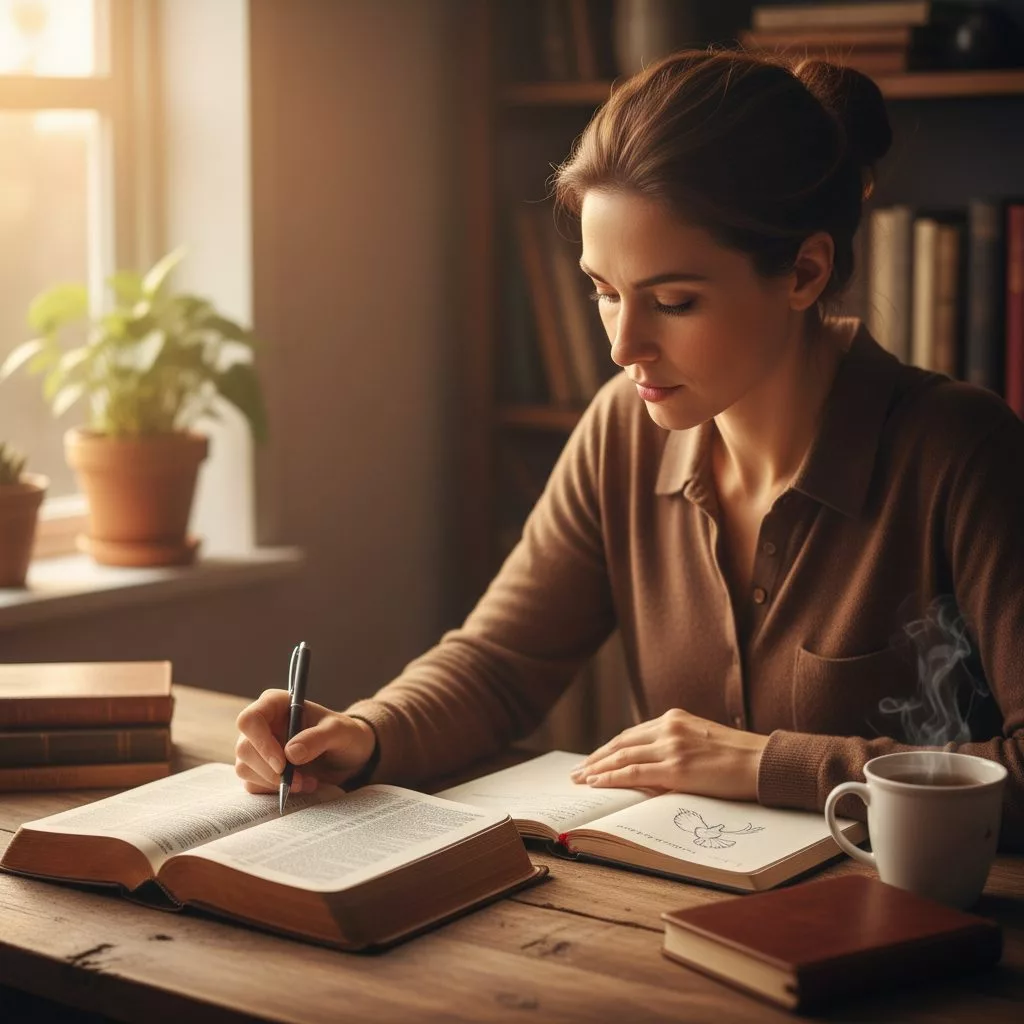 A woman engaged in a thoughtful bible reading about faith, using a journal to reflect on the meaning of scripture and bibl...
