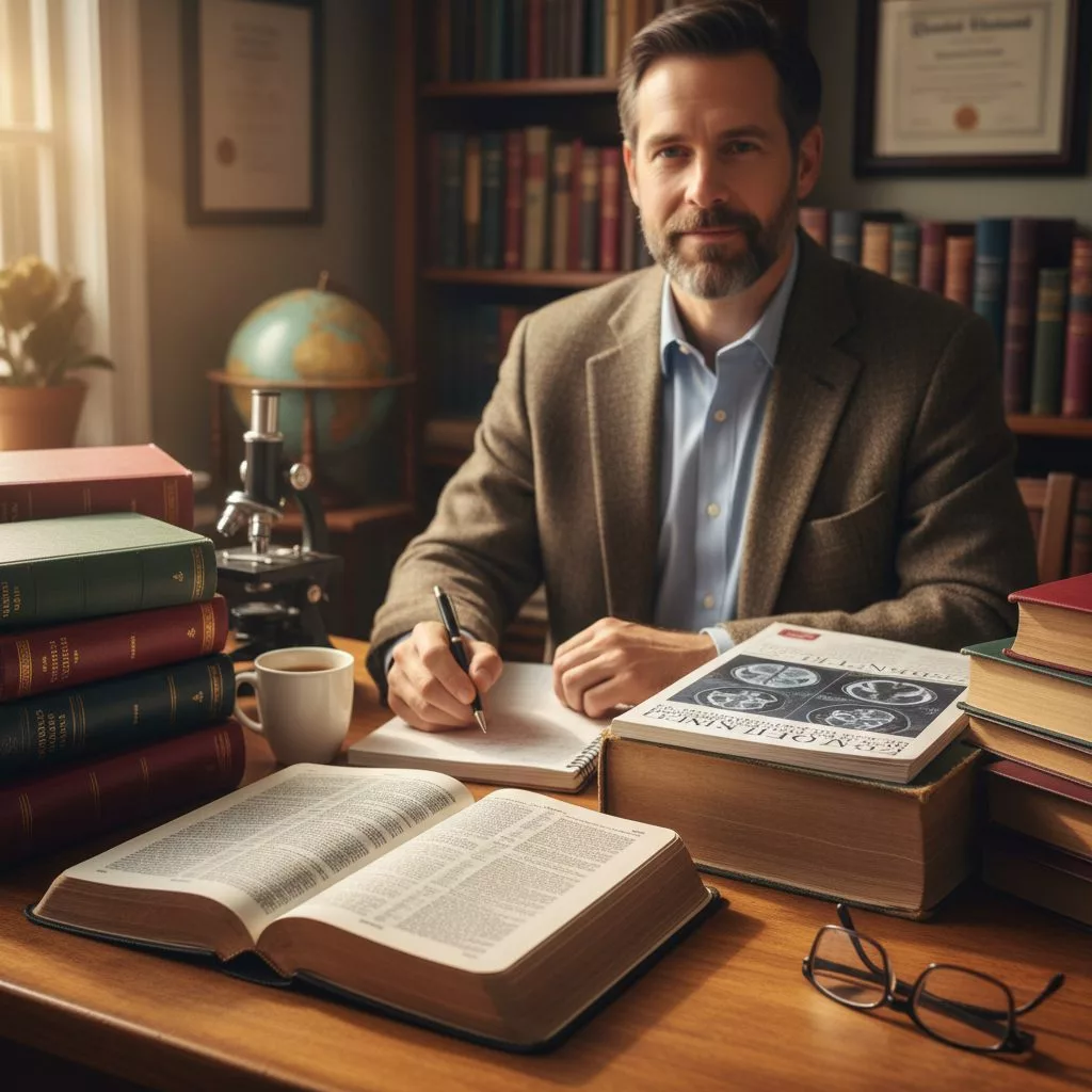A scholar using a collection of bible study books, including a large commentary, for in-depth scriptural analysis.