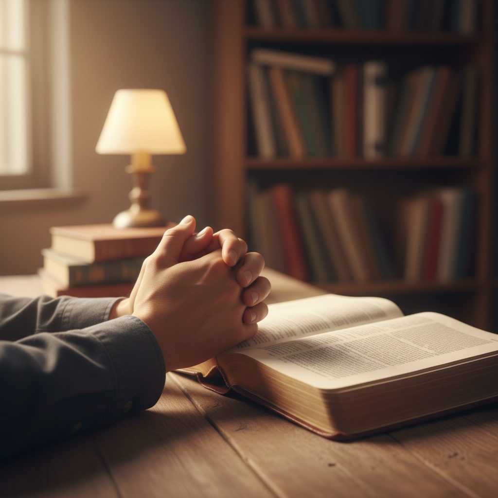 A person following essential bible study guidelines by starting their scripture study with a moment of prayer over an open...