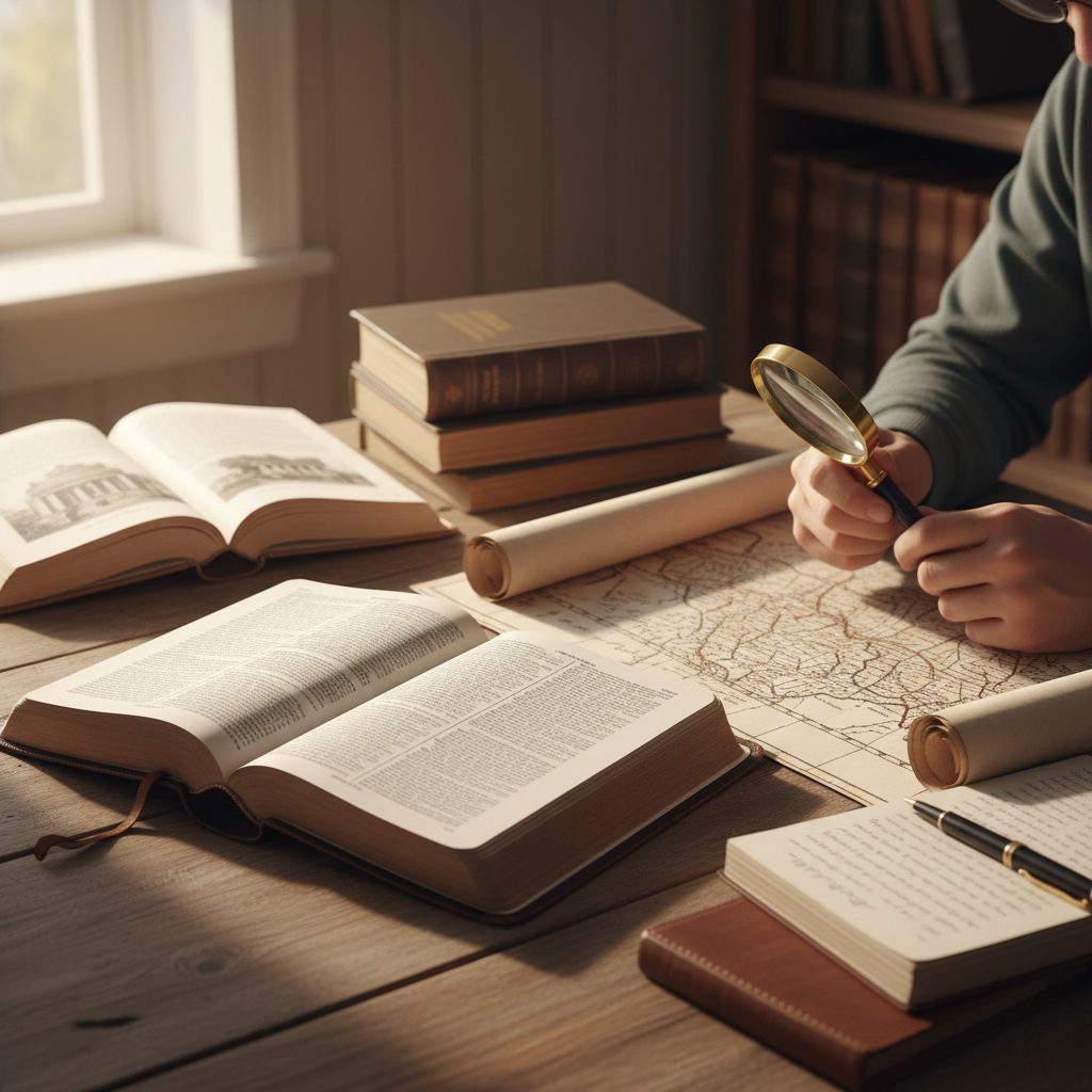 A person following bible study guidelines by researching the historical context of a scripture passage with maps and books.