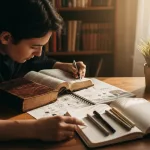 A focused Christian using a bible study resource, with an open scripture, journal, and pens to become an engaged disciple.