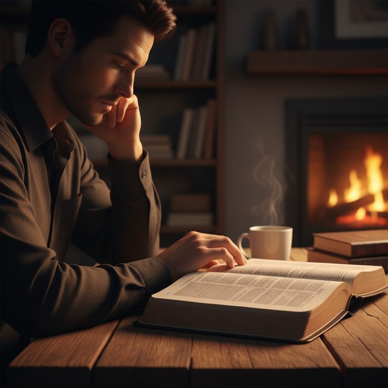A person looking thoughtful while reading bibles verses about faith in a moment of doubt, seeking comfort and guidance fro...