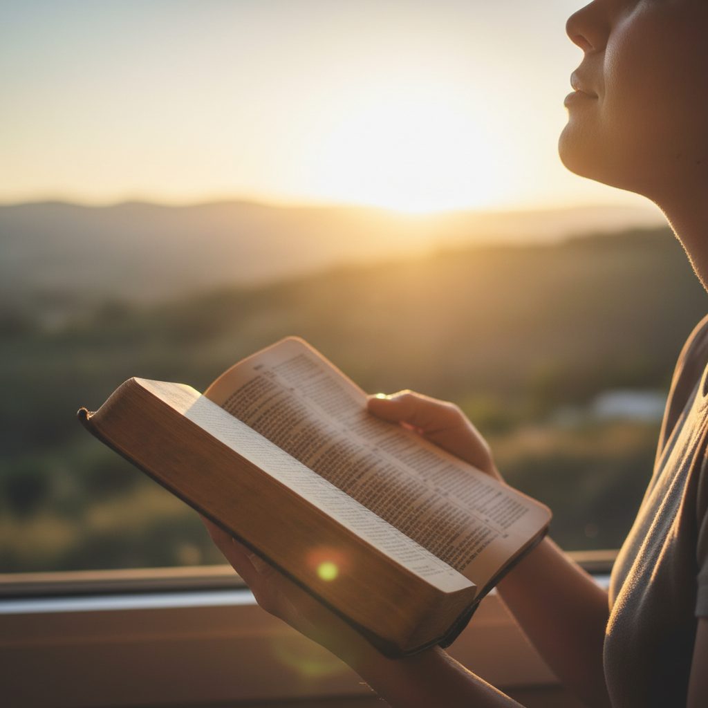 A person finds peace by reading an anxiety verse from the Bible while looking hopefully towards a sunrise, trusting God wi...