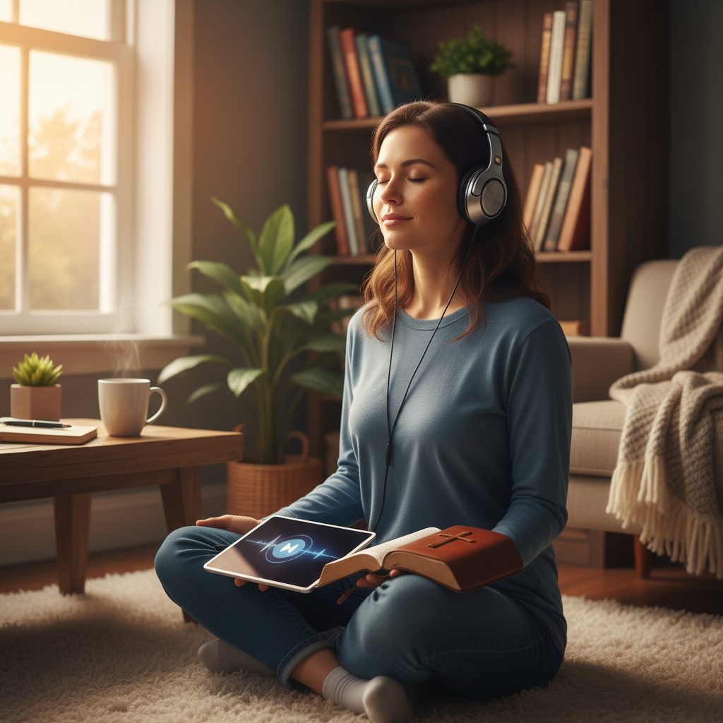 Woman finding peace through a meditation for anxiety and overthinking guided audio while studying biblical principles.