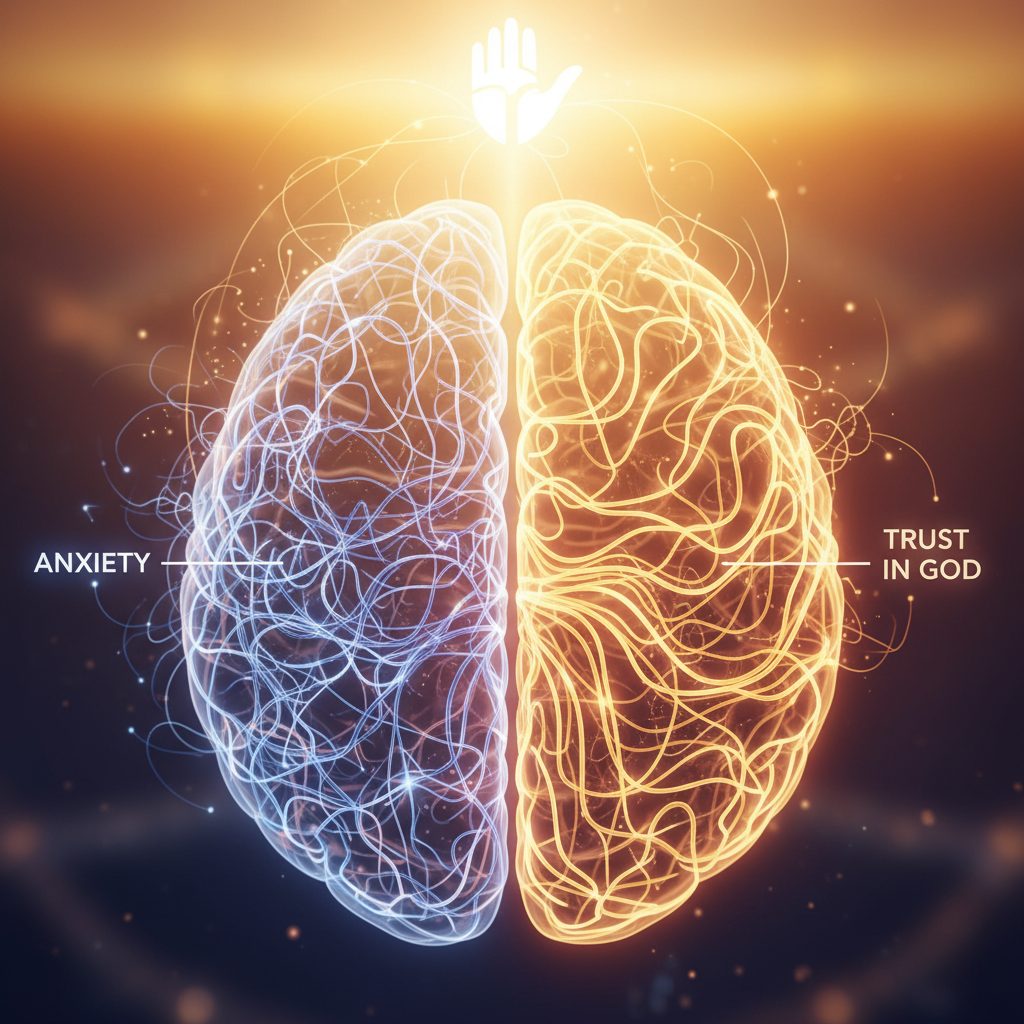 How Trusting in God Calms the Anxious Brain Illustration of brain pathways showing how the practice of trusting in god can calm the neurological patterns of anxiety.