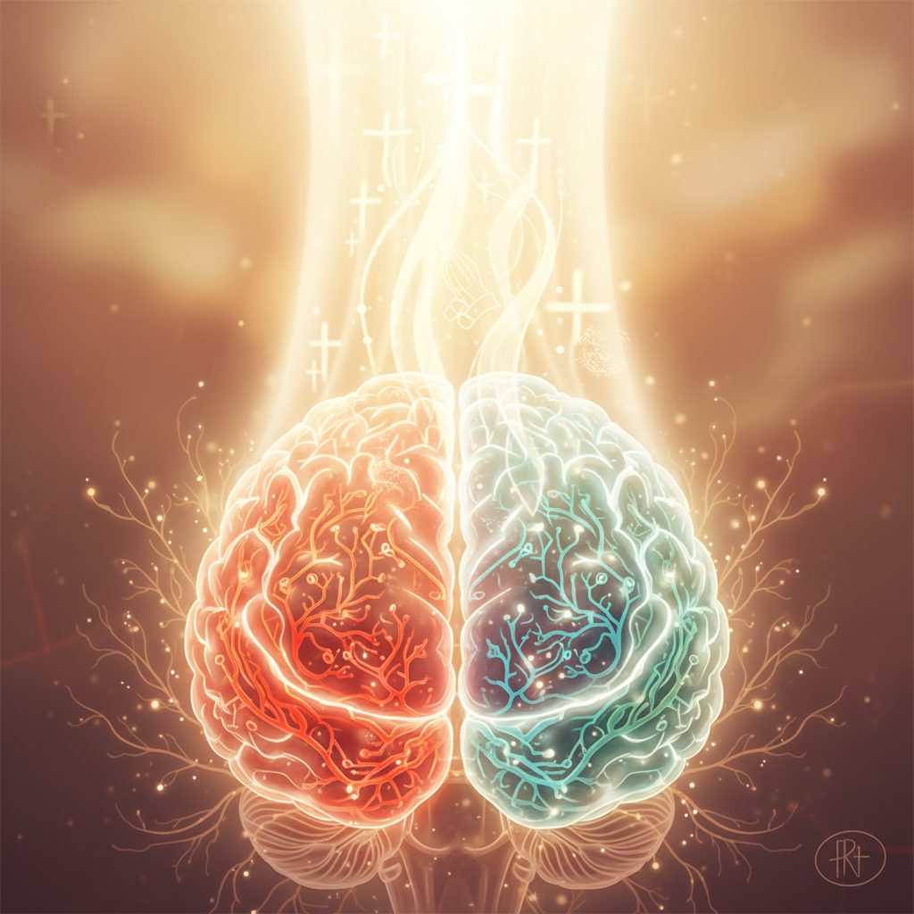 Illustration of the brain's fear circuits calmed by using panic attack christian prayers for peace, showing a spiritual so...