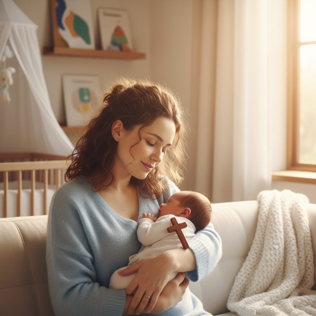 regulate your nervous system during postpartum anxiety - Christian new mom practicing breath prayer to regulate her nervous s